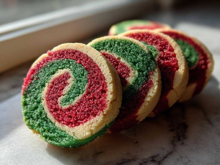 5 Amazing pinwheel cookies Secrets Revealed Close-up of sliced red, green, and white pinwheel cookies showing a vibrant swirl pattern.
