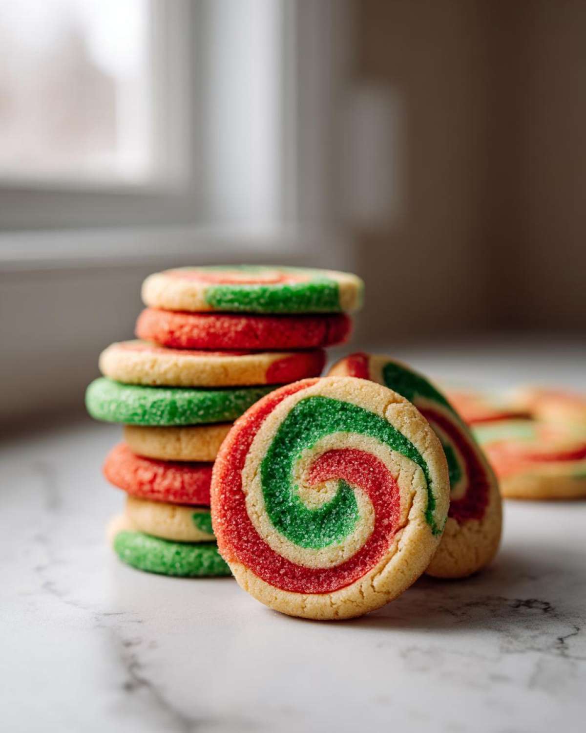 A close-up of stacked and leaning red and green pinwheel cookies dusted with sugar on a marble surface.