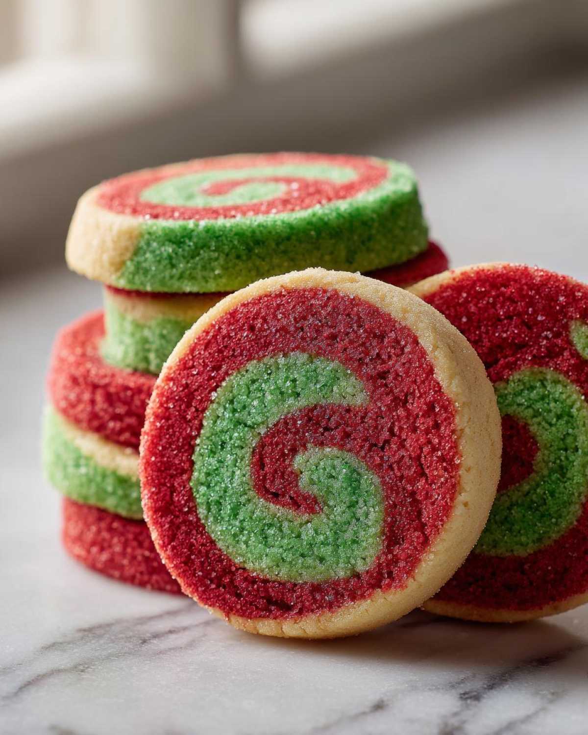 Close-up of vibrant red and green pinwheel cookies stacked and resting on a marble surface.