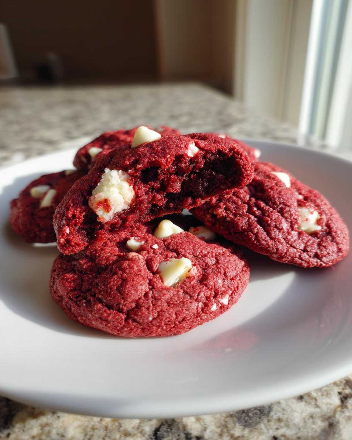 A stack of vibrant red velvet cake mix cookies studded with white chocolate chips on a white plate.