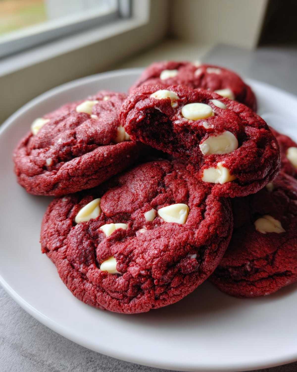 A stack of soft, vibrant red velvet cake mix cookies studded with white chocolate chips on a white plate.