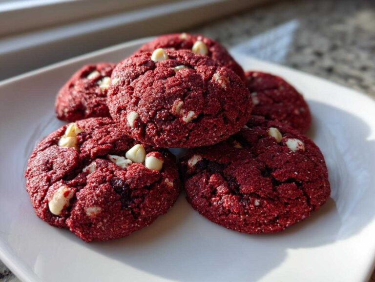 A stack of five vibrant red velvet cake mix cookies studded with white chocolate chips, resting on a white plate.