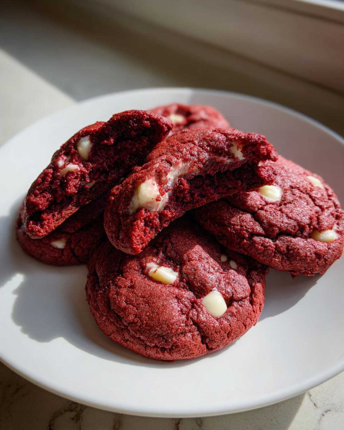 A stack of rich, red velvet cake mix cookies studded with white chocolate chips on a white plate.