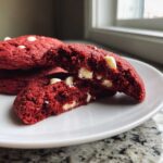 Close-up of soft red velvet cake mix cookies, one broken in half showing white chocolate chips inside.