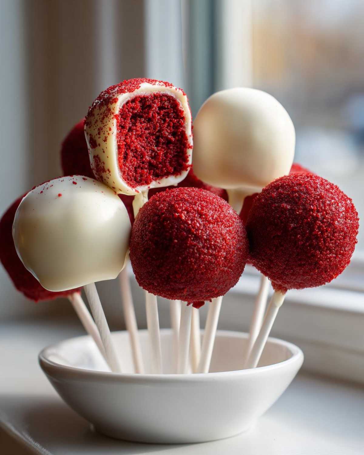 A bouquet of red velvet cake pops, some coated in white chocolate and one cut open showing the rich red interior.