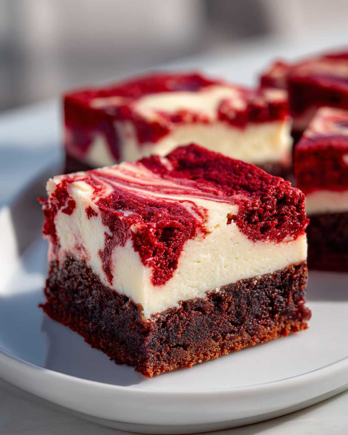 A close-up of a rich, layered red velvet cheesecake brownies square on a white plate.