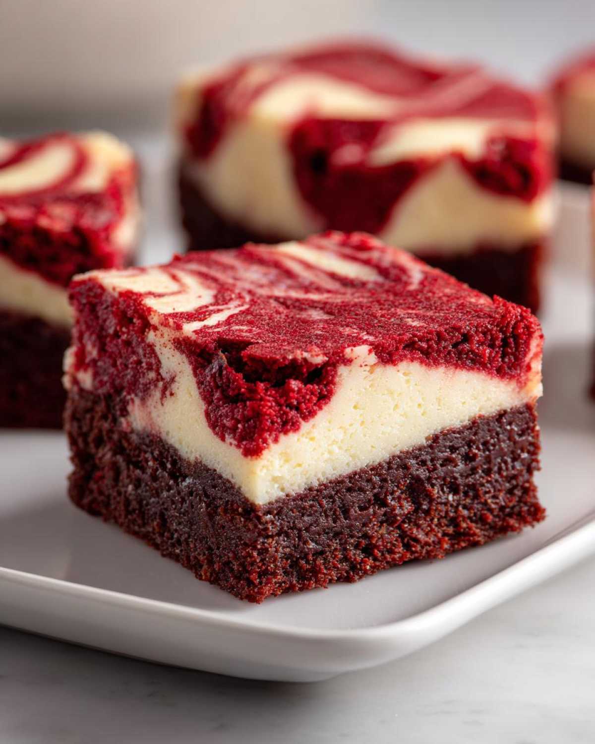 A rich, layered square of red velvet cheesecake brownies showing the dark brownie base and swirled red and white topping.