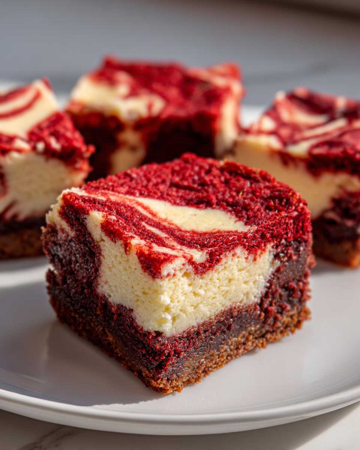A close-up of a rich, layered red velvet cheesecake brownies square on a white plate.
