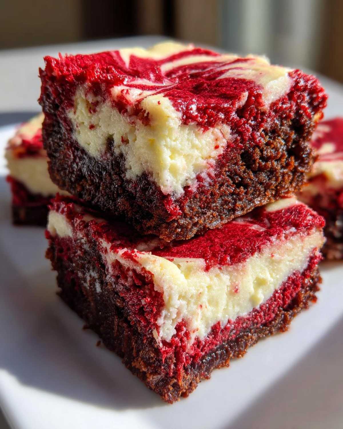 Two stacked squares of rich red velvet cheesecake brownies showing the dark brownie base and marbled red and cream topping.