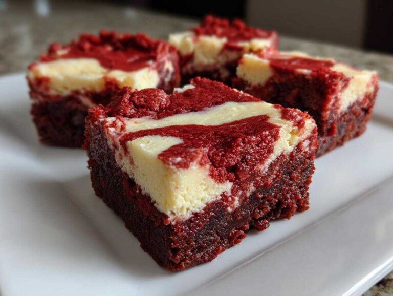 Four rich, fudgy red velvet cheesecake brownies with a creamy white swirl topping served on a white plate.