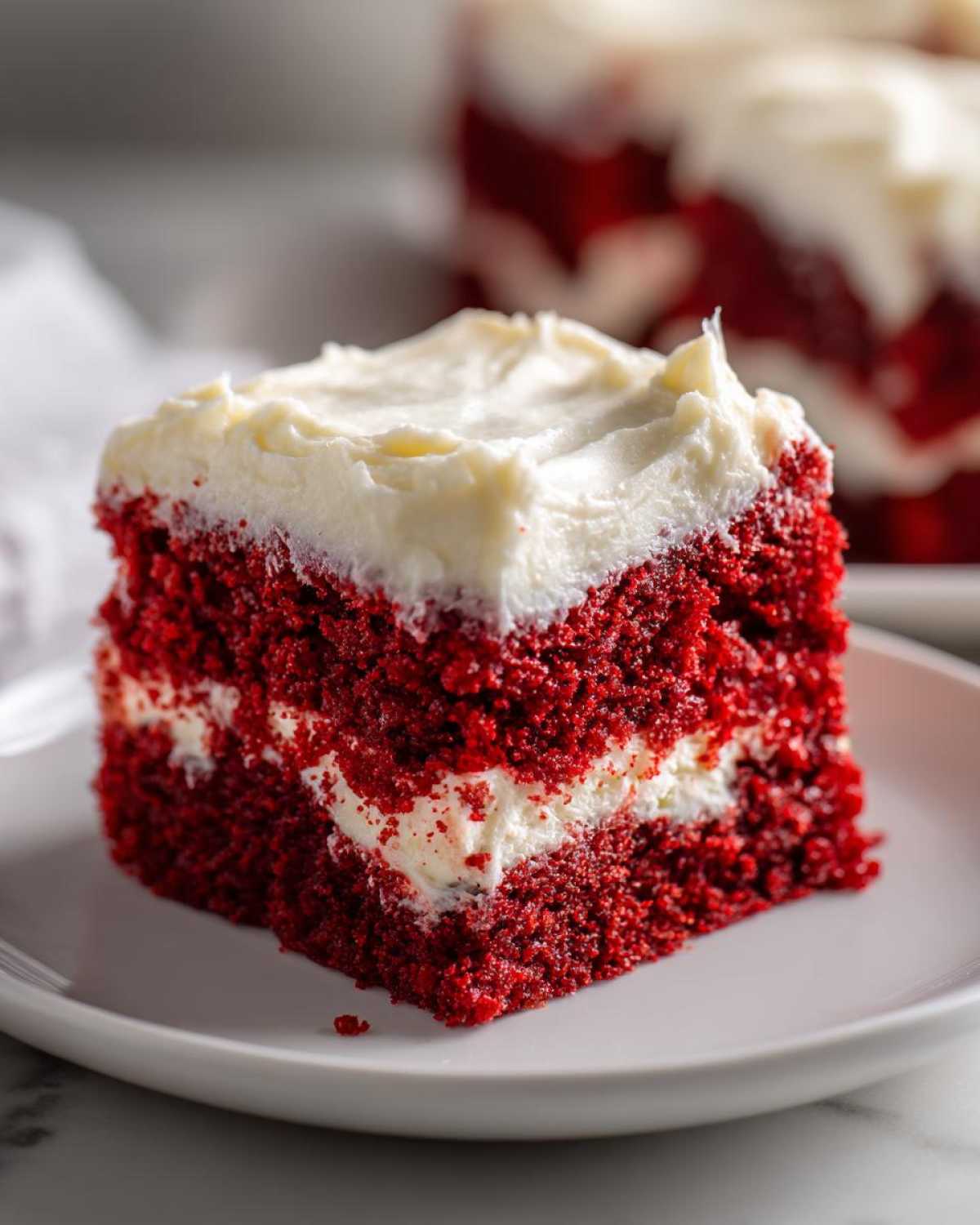 A close-up of a rich, moist slice of red velvet poke cake topped with thick cream cheese frosting.