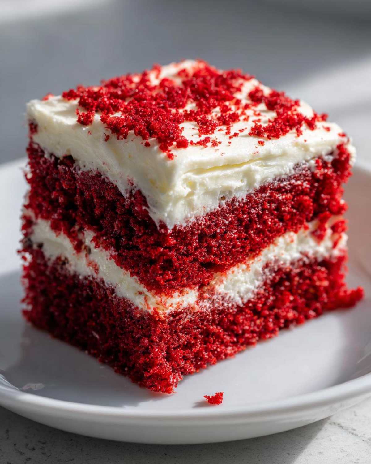 A perfect square slice of moist red velvet poke cake layered with white frosting and topped with red cake crumbs.
