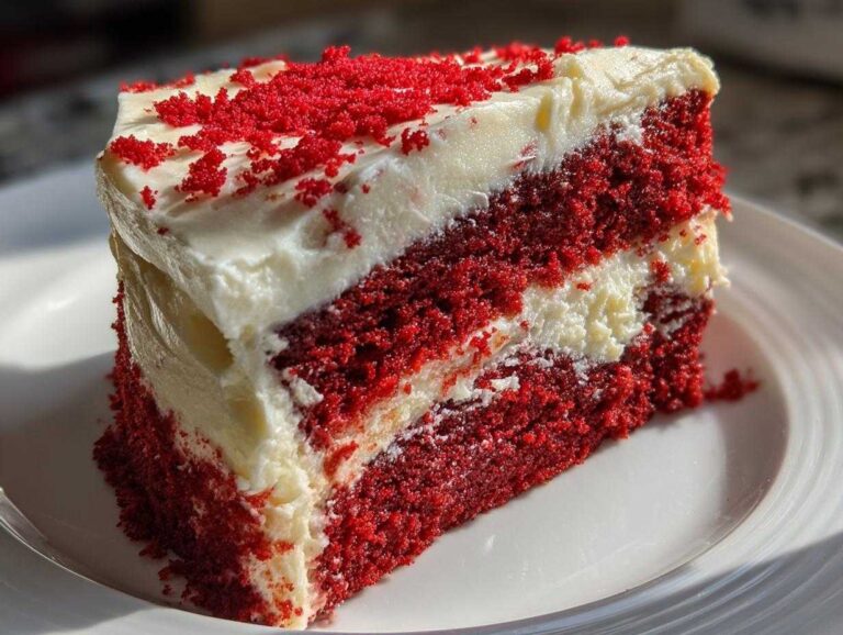 A moist slice of red velvet poke cake layered with white frosting and topped with red crumbs.