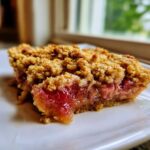 A close-up shot of a square slice of rhubarb crisp with a thick, golden crumble topping and bright pink rhubarb filling.