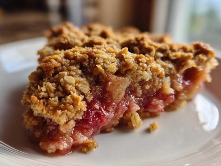 A close-up shot of a warm slice of rhubarb crisp showing the thick, golden oat topping and gooey, bright pink rhubarb filling.
