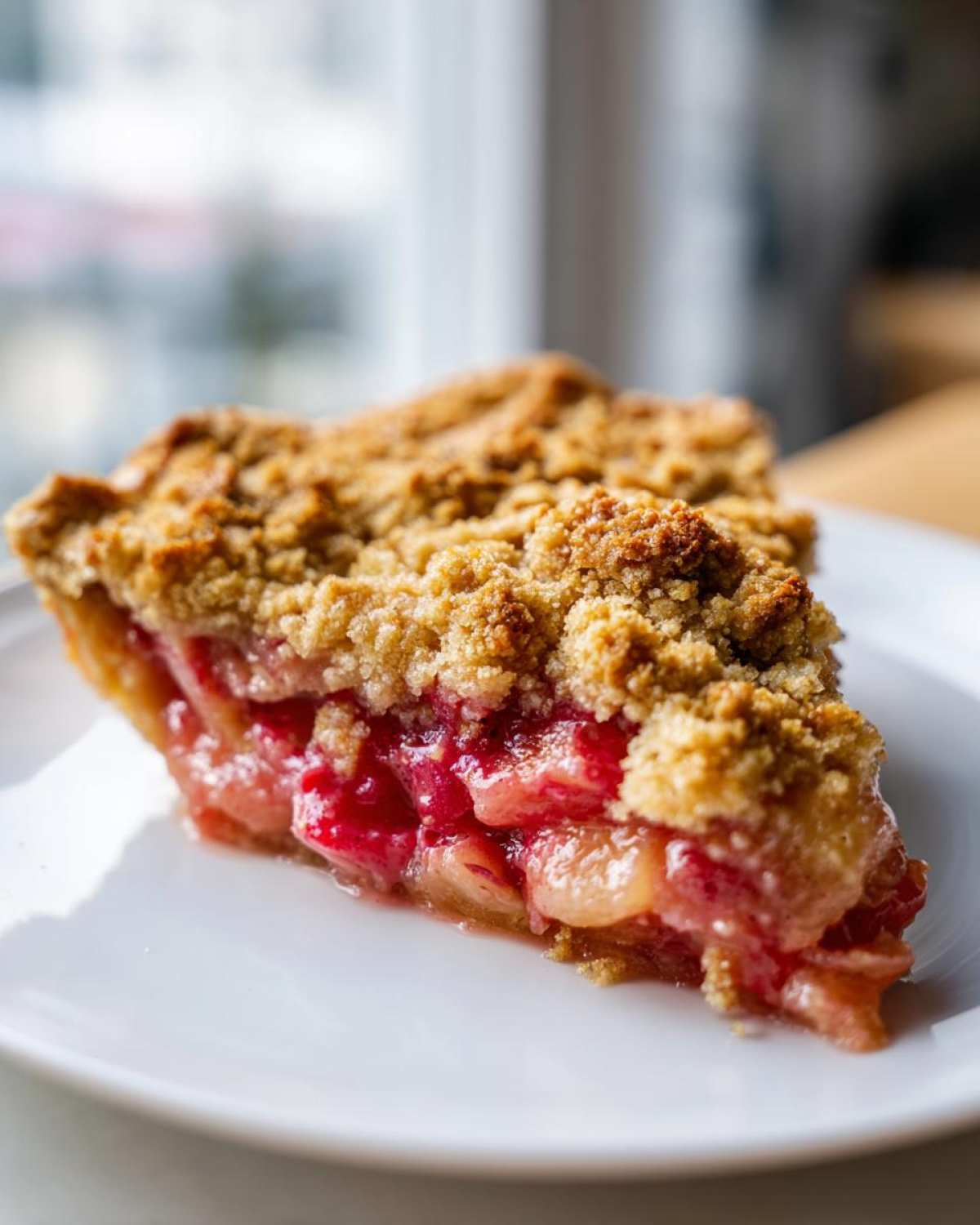 A close-up of a perfect slice of rhubarb crisp showing bright pink filling and golden brown crumb topping.