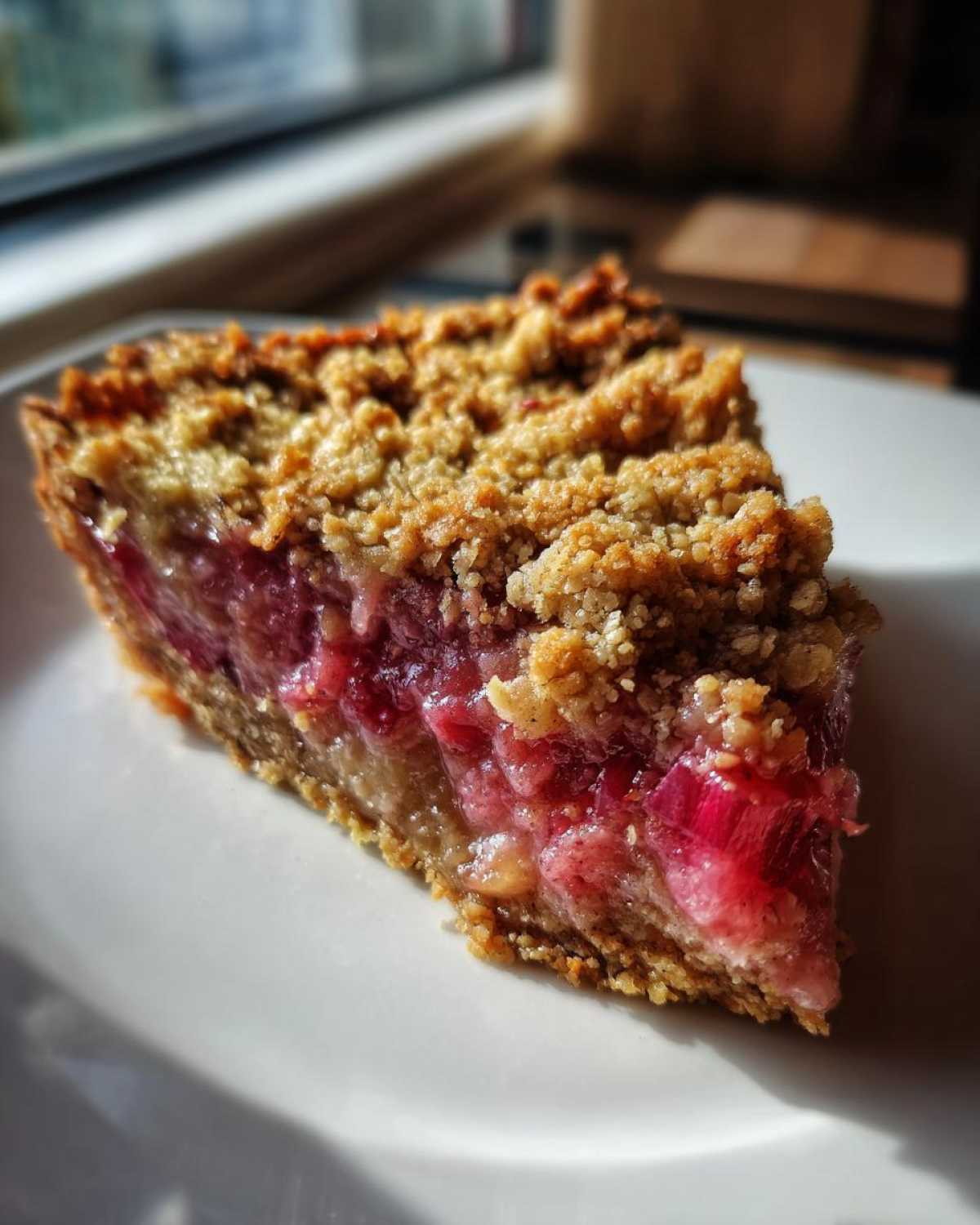 A close-up slice of juicy rhubarb crisp showing a thick, golden crumb topping and bright pink rhubarb filling.