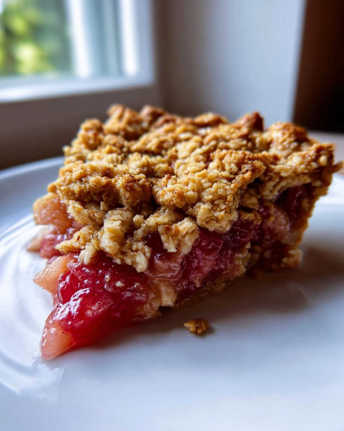 Close-up of a juicy slice of rhubarb crisp showing the bright red filling and golden, crumbly oat topping.