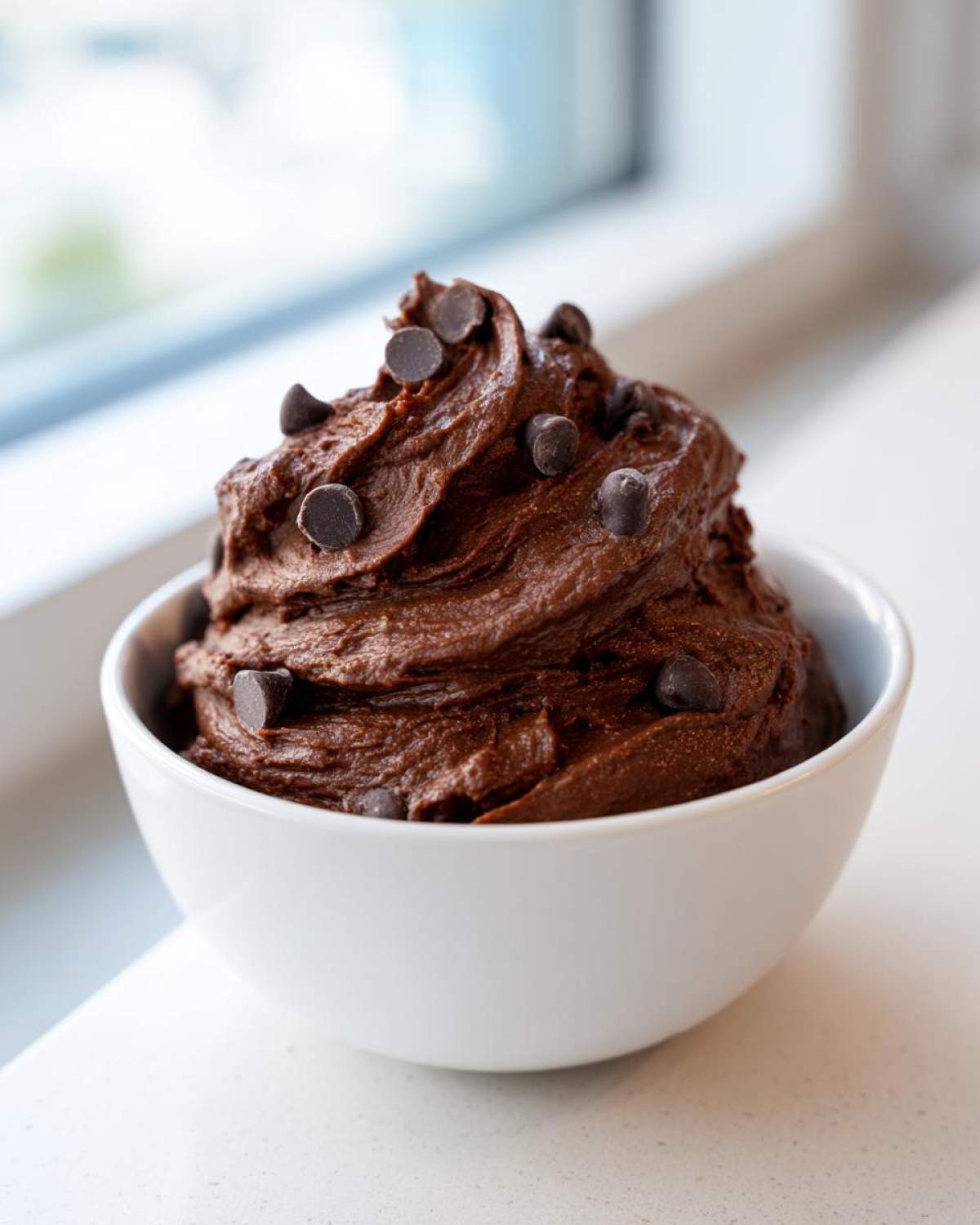 A serving of thick, rich chocolate dip swirled high in a white bowl and topped with mini chocolate chips.
