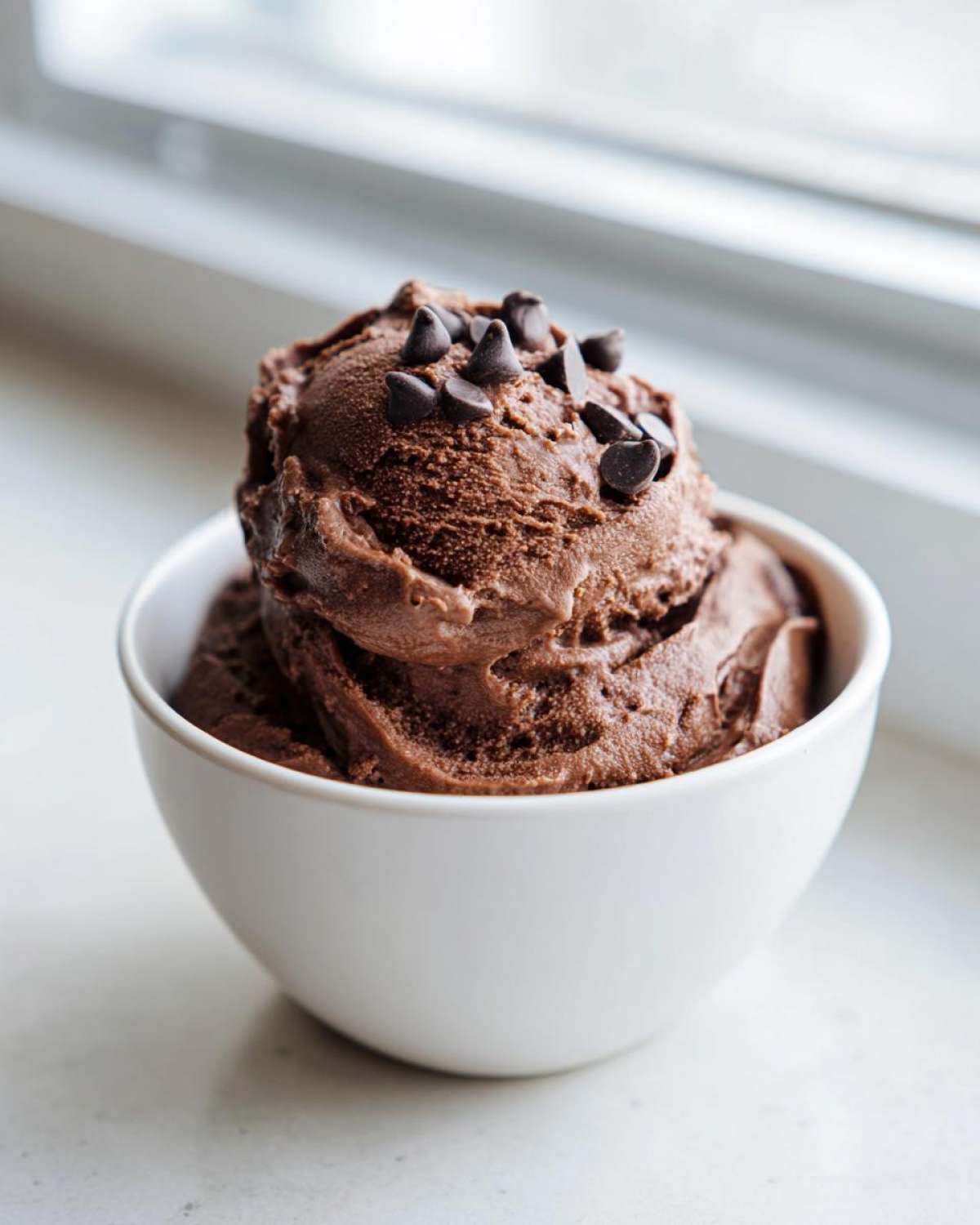 A scoop of rich, dark chocolate dip, resembling ice cream, topped with mini chocolate chips in a white bowl.
