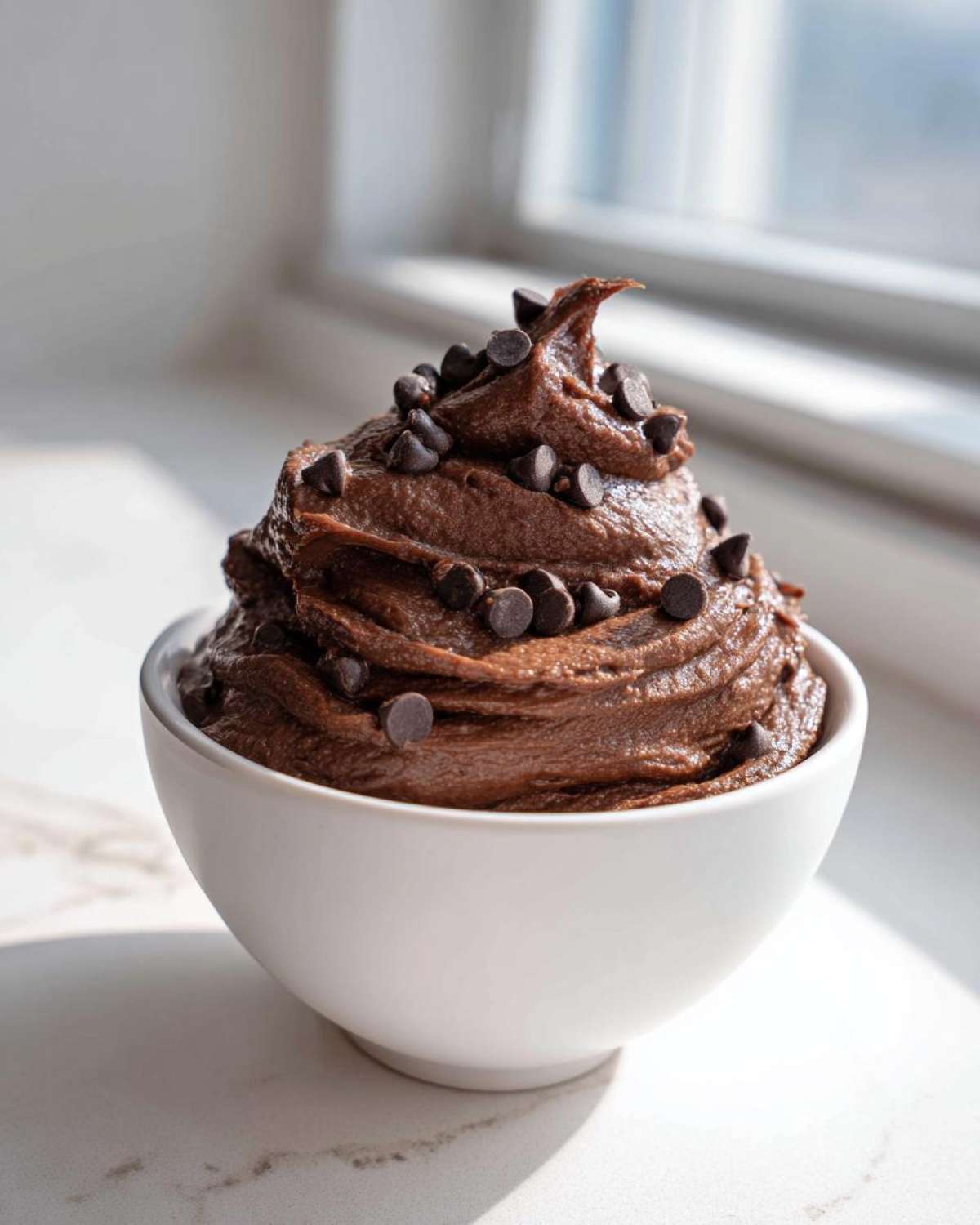 A serving of thick, swirled chocolate dip topped with mini chocolate chips in a white bowl.