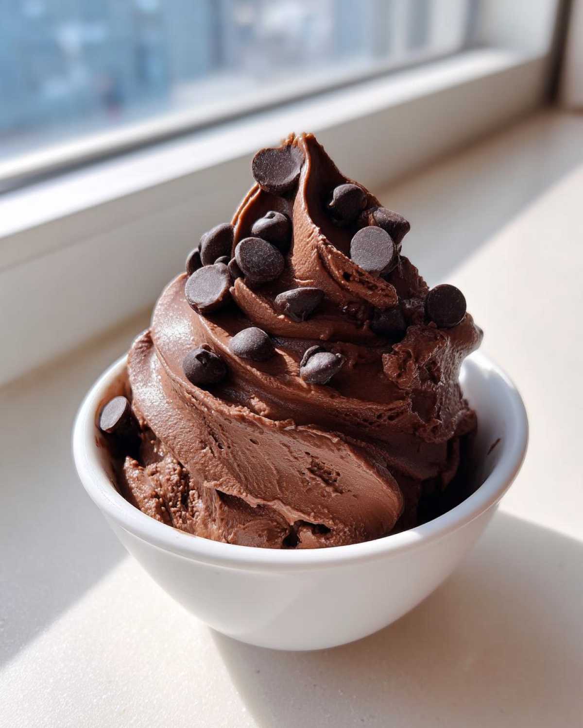 A serving of thick, swirled chocolate dip topped generously with chocolate chips in a white bowl.