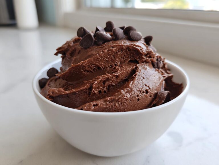 A close-up of rich, dark chocolate dip served in a white bowl, topped with chocolate chips.