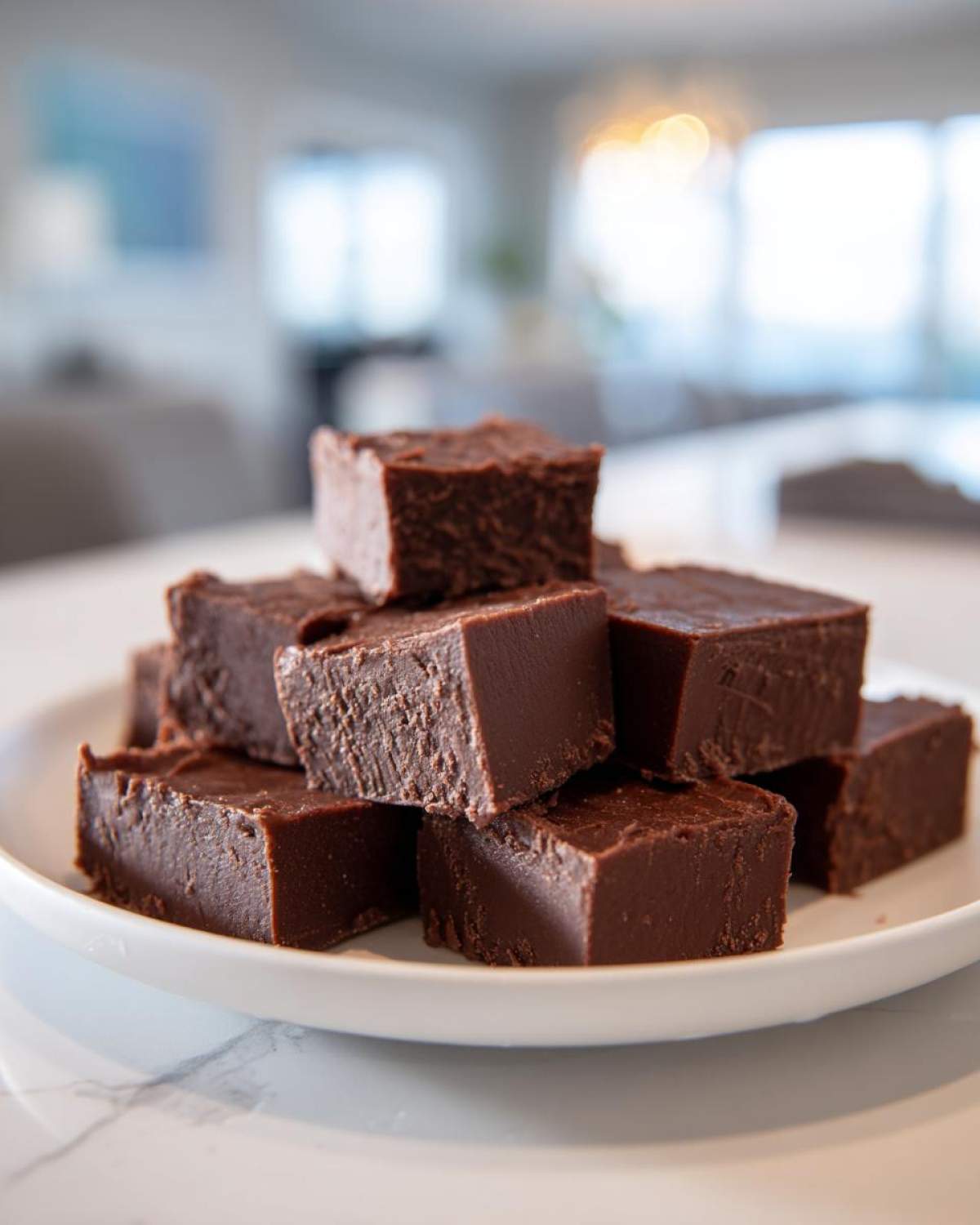 A stack of rich, dark chocolate fudge squares piled high on a white plate, showcasing the creamy texture of the fudge.