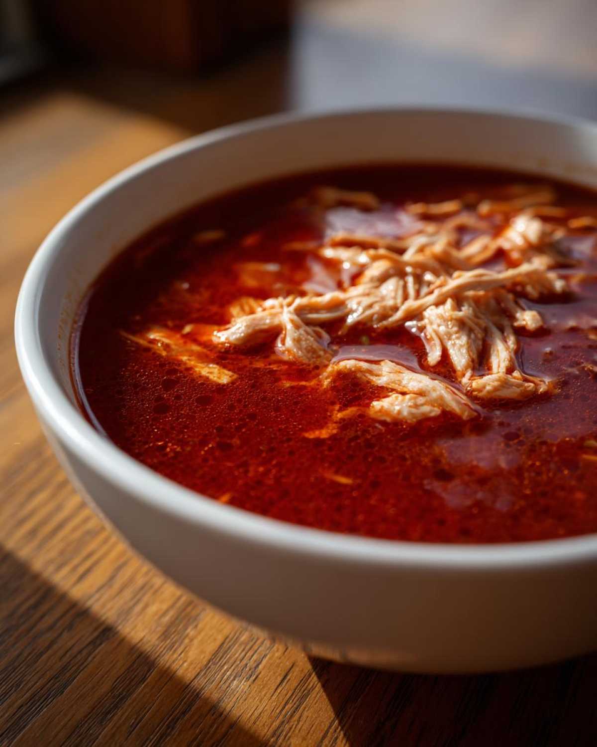 Close-up of a white bowl filled with vibrant red broth and shredded chicken for chicken pozole.