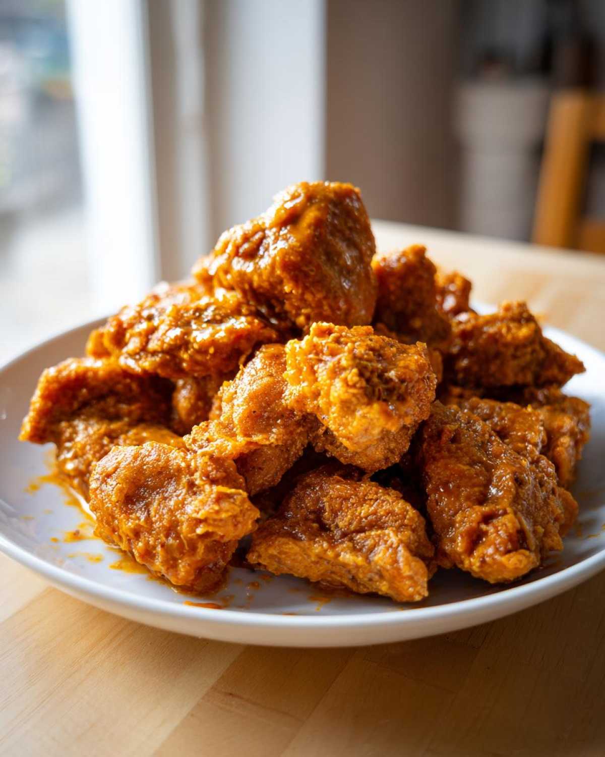 Close-up of a generous pile of crispy, saucy bang bang chicken pieces served on a white plate.