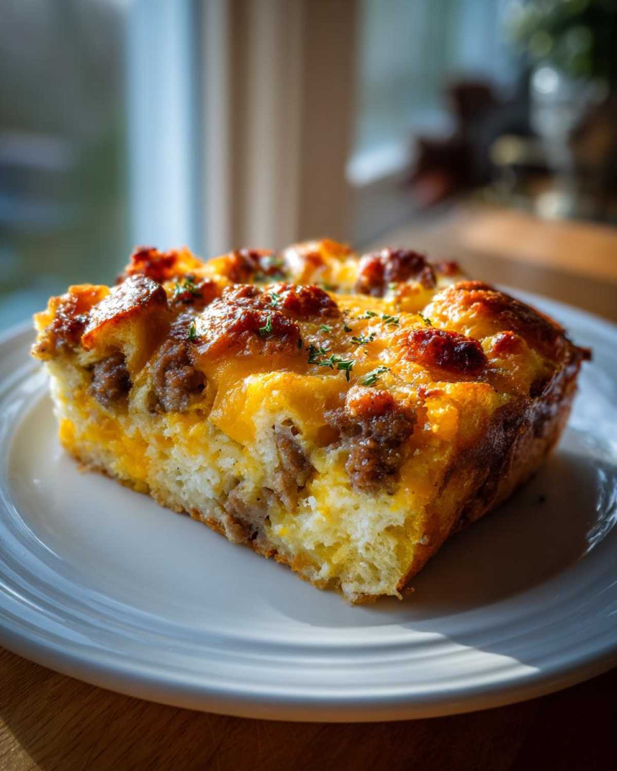 A hearty slice of christmas breakfast casserole with sausage, eggs, and melted cheddar cheese on a white plate.