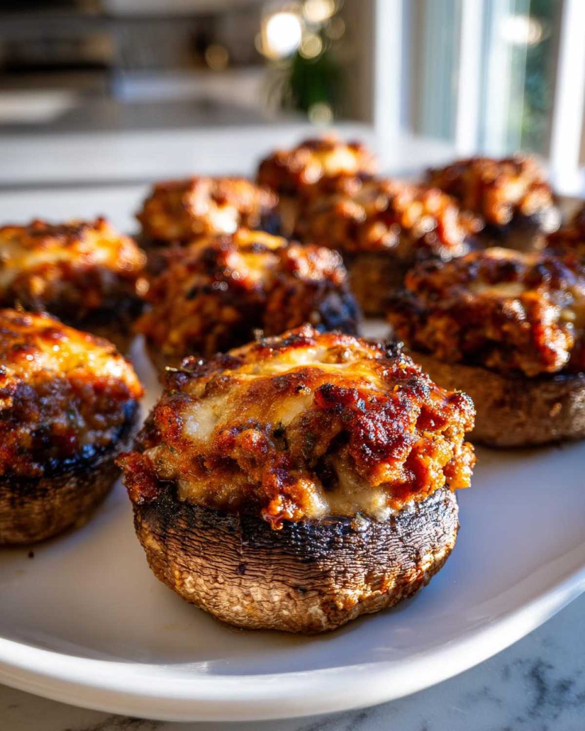 A close-up, low-angle view of several baked sausage stuffed mushrooms topped with melted, browned cheese.