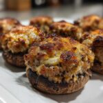 Close-up of baked sausage stuffed mushrooms with a golden-brown, cheesy topping on a white platter.