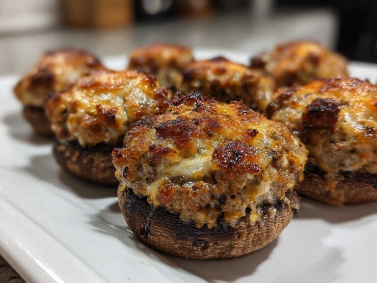 Close-up of baked sausage stuffed mushrooms with a golden-brown, cheesy topping on a white platter.