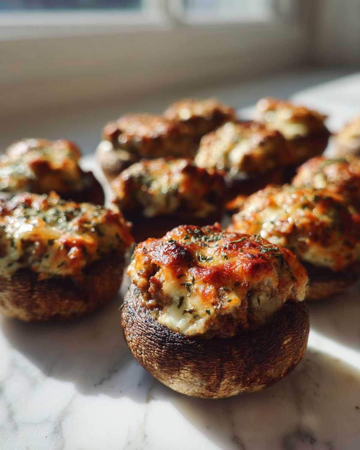 Close-up of baked sausage stuffed mushrooms with melted cheese and herbs on a white marble surface.