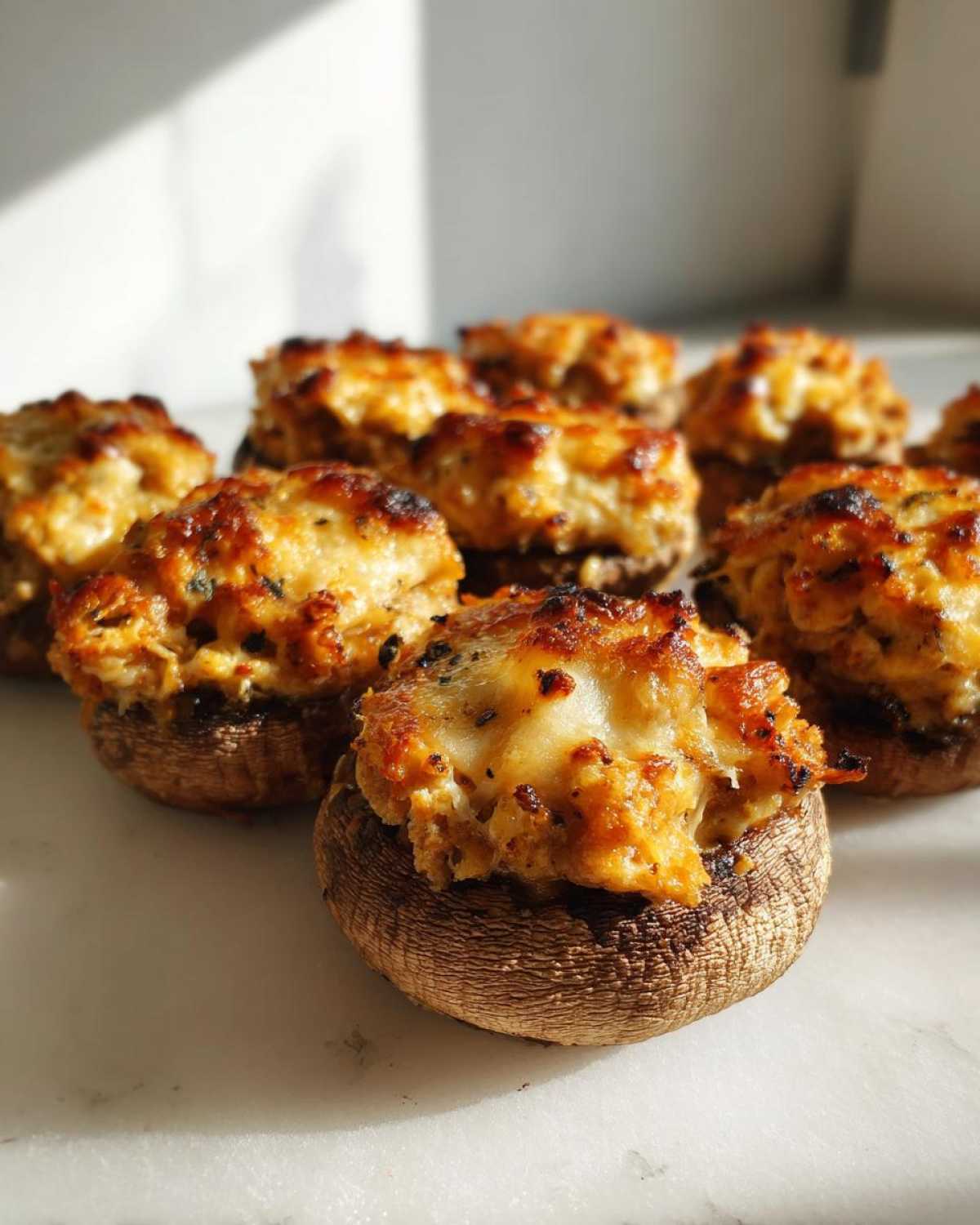 A close-up of several baked Sausage stuffed mushrooms with a golden, cheesy topping resting on a white marble surface.