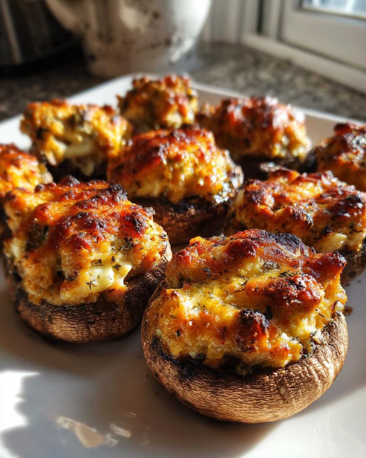 Close-up of baked Sausage stuffed mushrooms with golden, cheesy tops served on a white plate.
