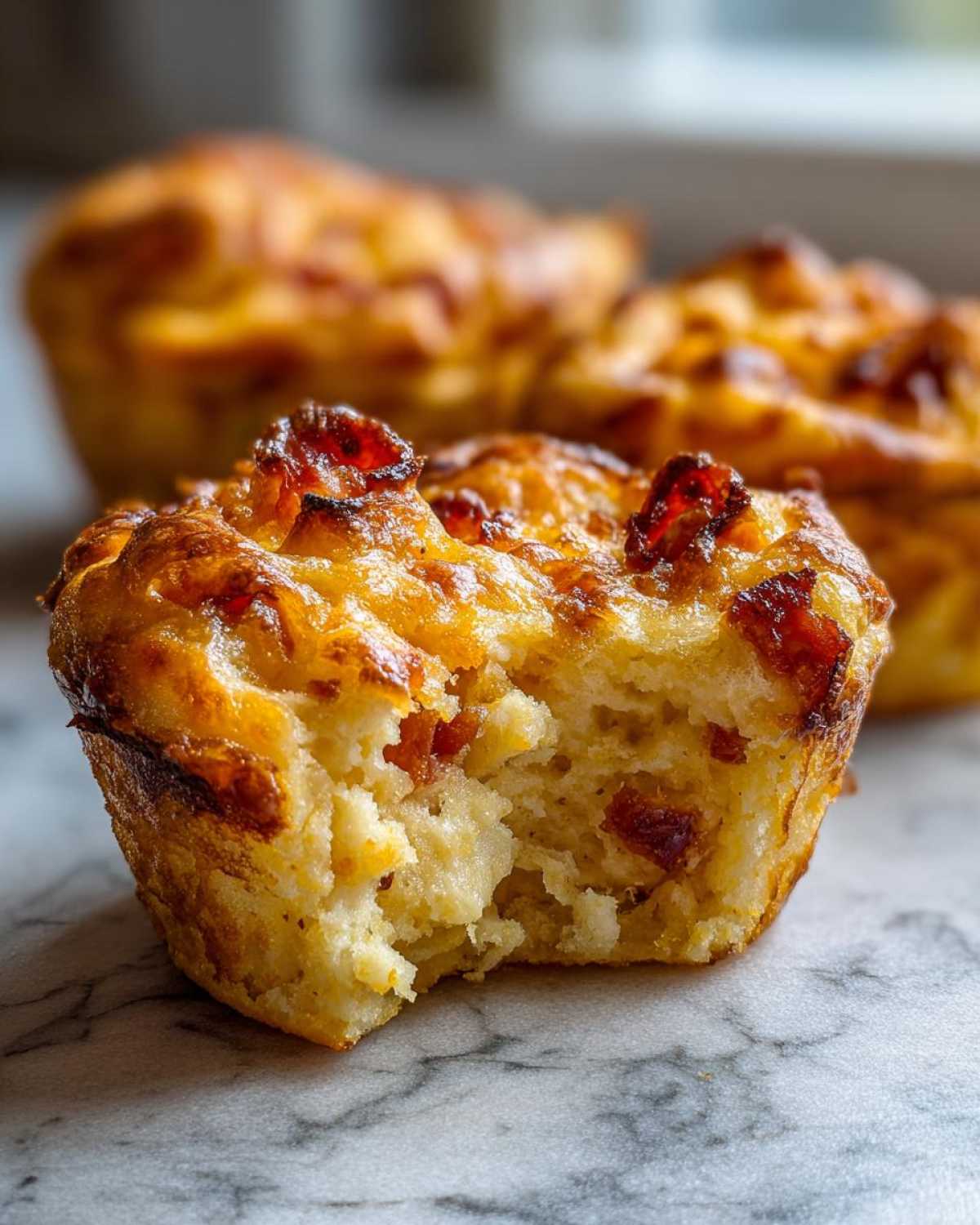 Close-up of a savory pizza muffin with a bite taken out, showing the fluffy interior and cheesy, browned topping.