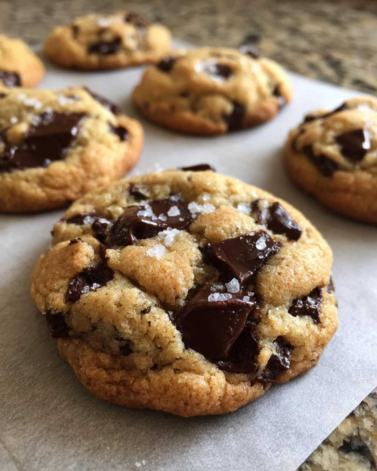 A close-up of a freshly baked chocolate chip cookie topped with flaky sea salt.