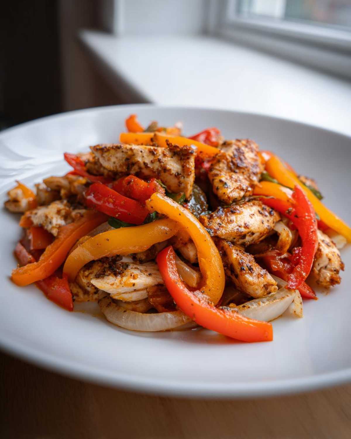 Close-up of seasoned chicken strips mixed with sliced red, orange, and yellow peppers for crockpot chicken fajitas.