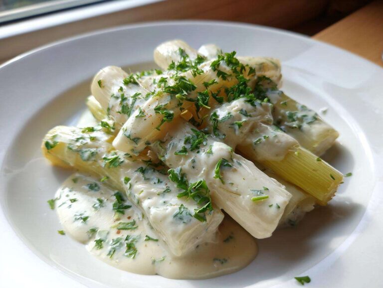 Several stalks of tender braised leeks covered in a creamy white sauce and sprinkled with fresh green parsley.