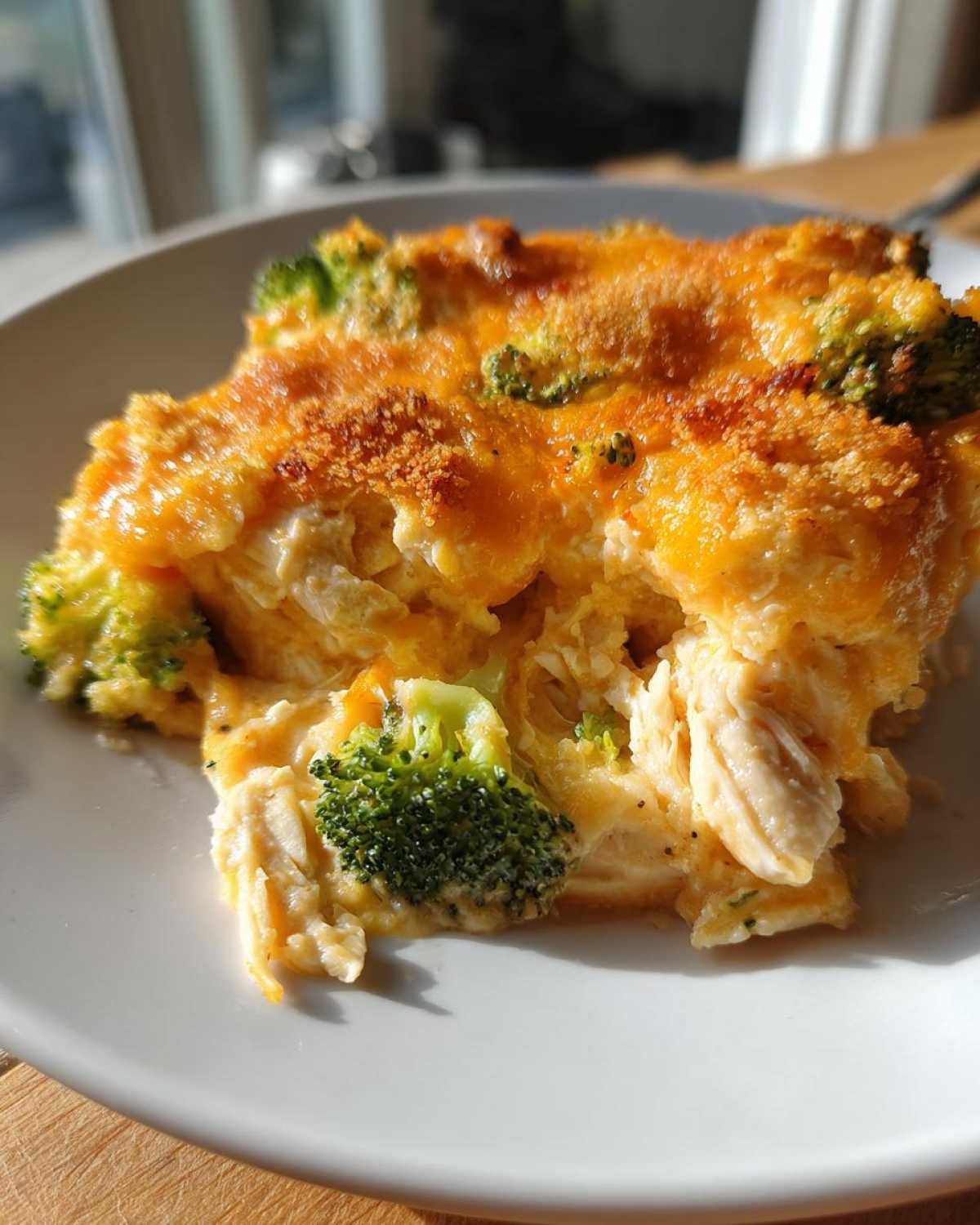 A close-up serving of creamy Chicken Divan casserole topped with melted orange cheese and bright green broccoli florets.