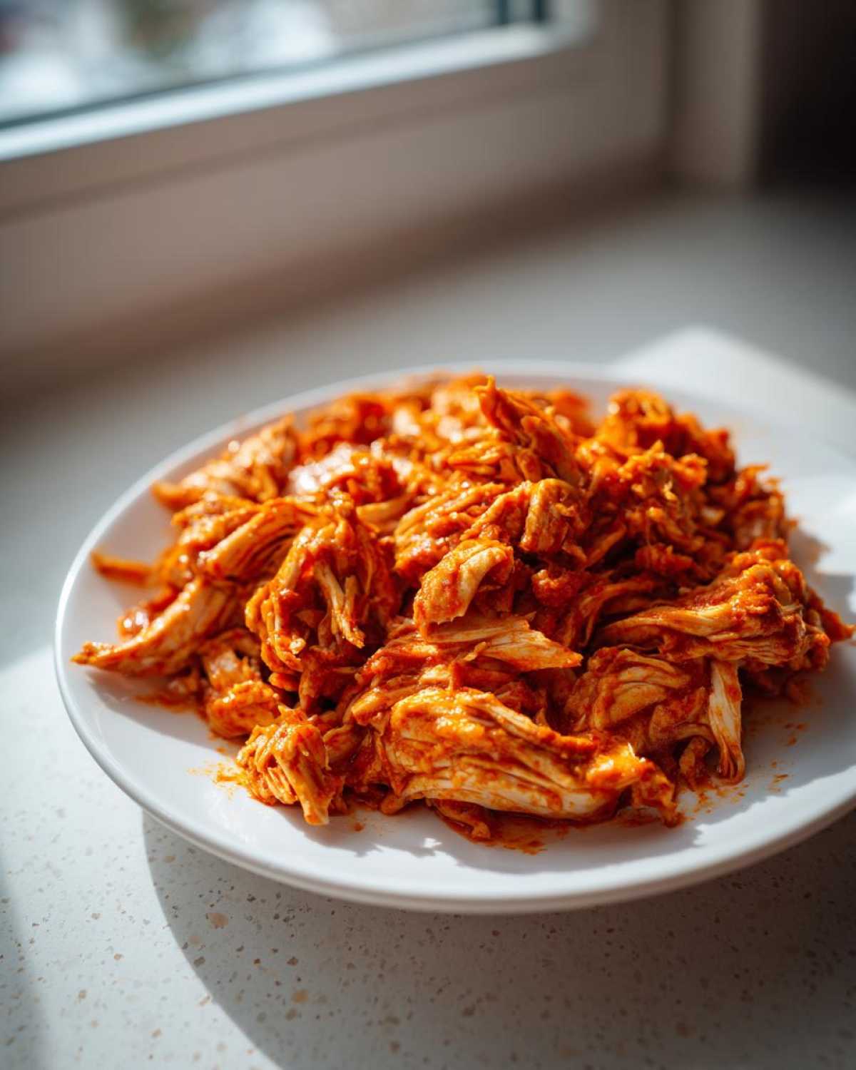 A close-up of shredded chicken tinga coated in a vibrant red sauce, served on a white plate near a window.