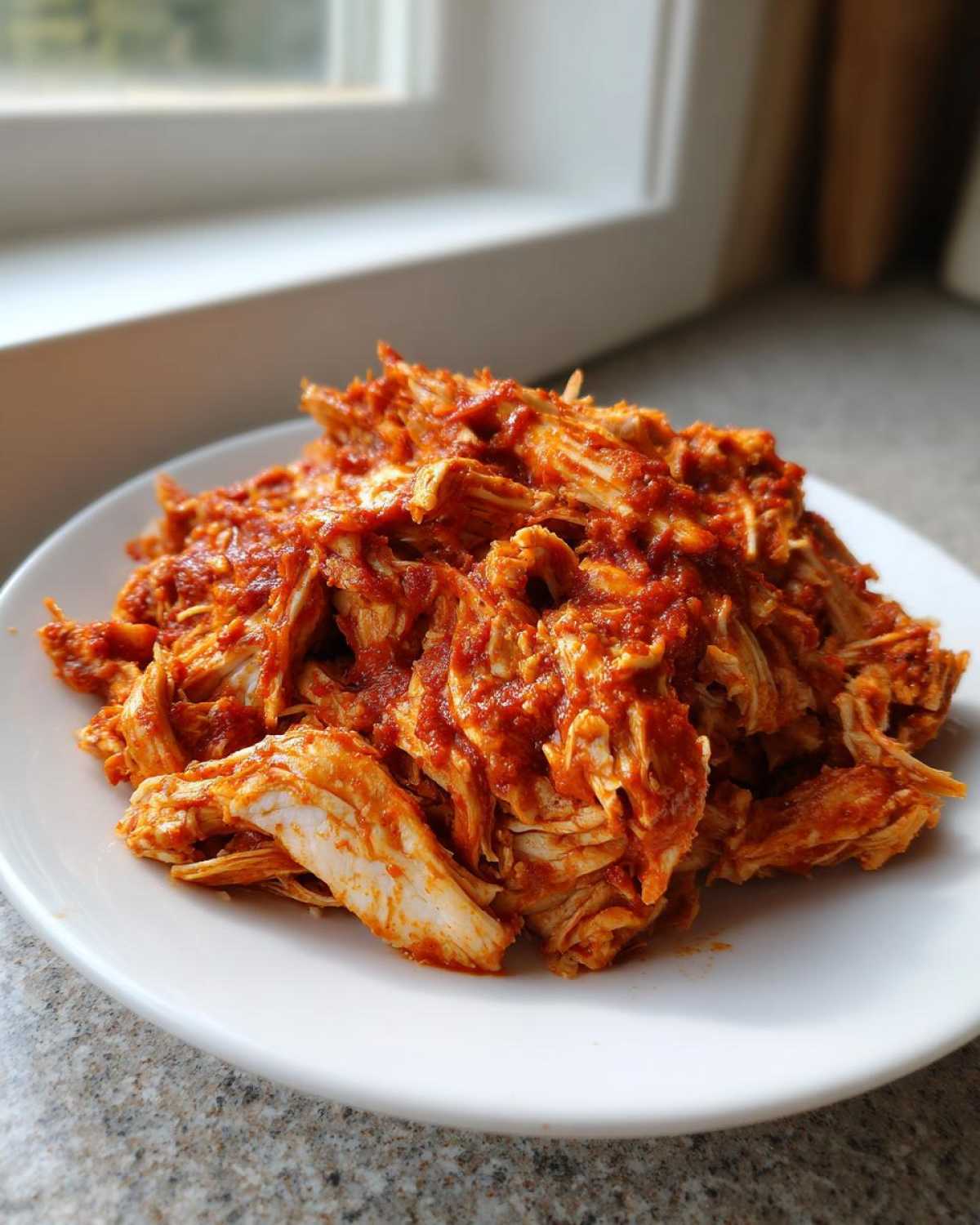 A close-up of shredded chicken coated in rich, red sauce, ready to be used for chicken tinga, served on a white plate.