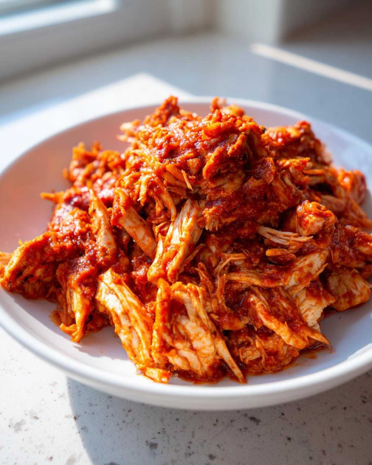 Close-up of shredded chicken tinga coated in a vibrant, spicy red sauce, served in a white bowl.