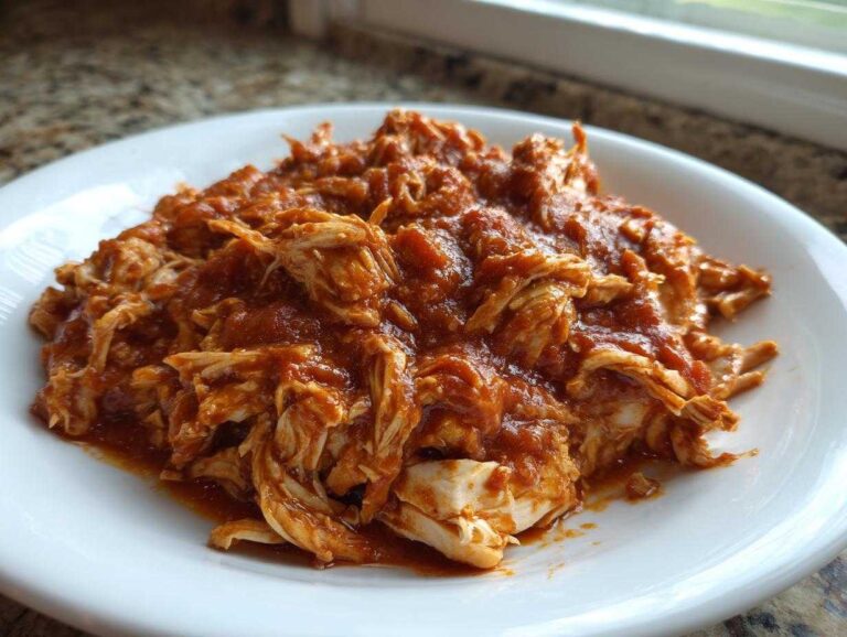 Amazing 30-Minute Chicken Tinga Flavor A close-up of shredded chicken coated in a rich, reddish-orange sauce, representing delicious chicken tinga on a white plate.