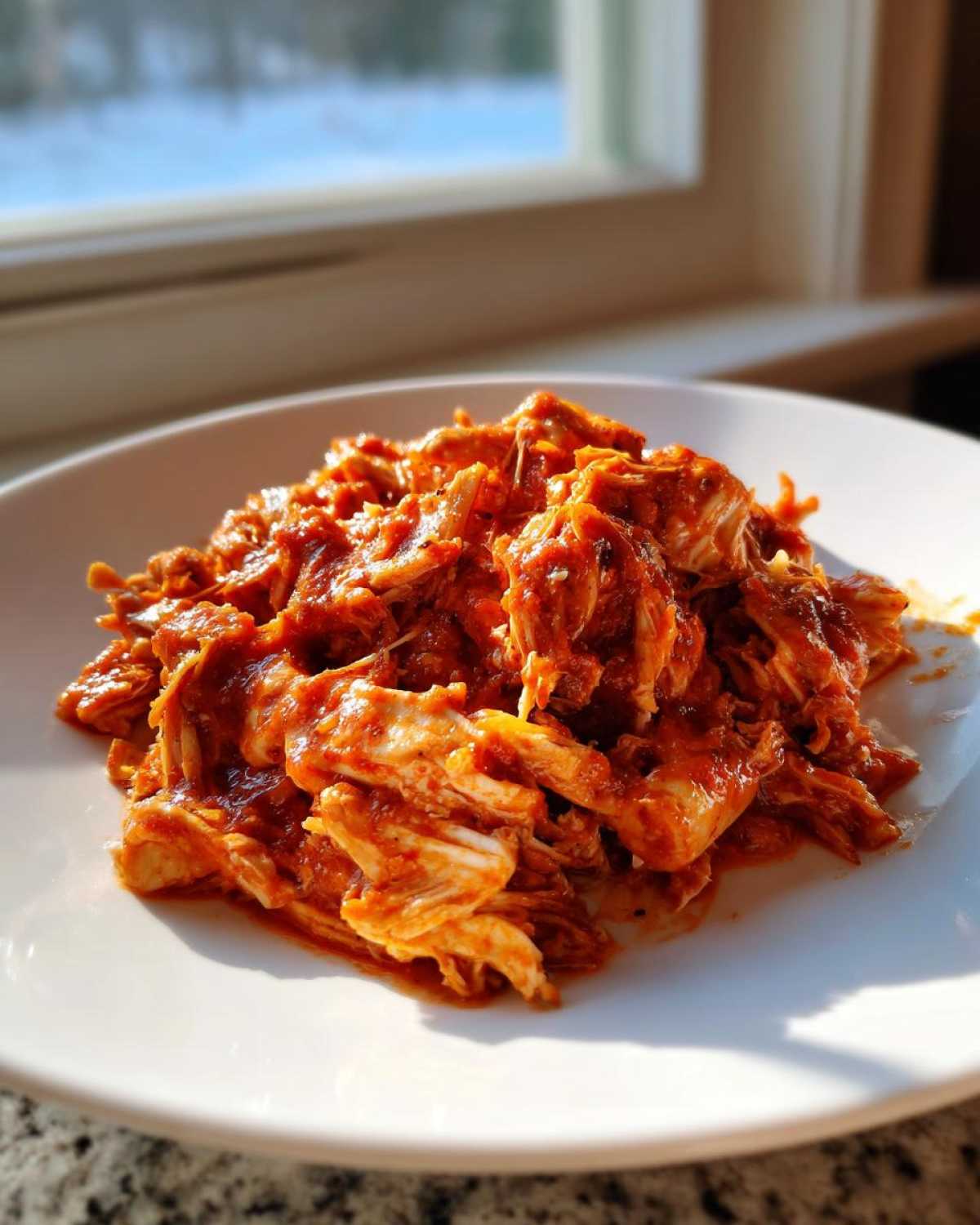 Close-up of shredded chicken tinga coated in a vibrant red, smoky sauce, served on a white plate near a window.