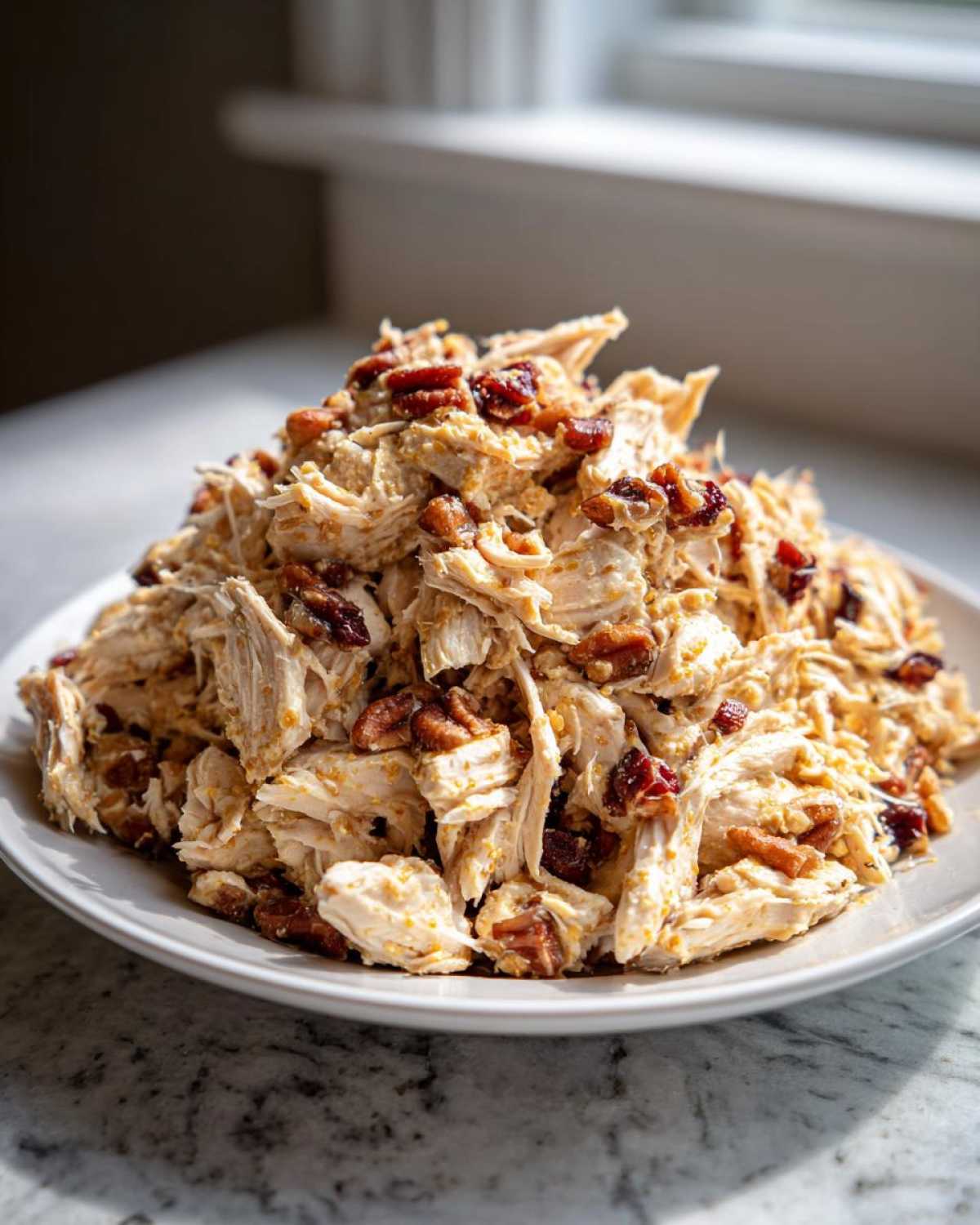 A mound of shredded chicken mixed with a creamy dressing, topped with pecans, ready to be served as honey mustard chicken salad.