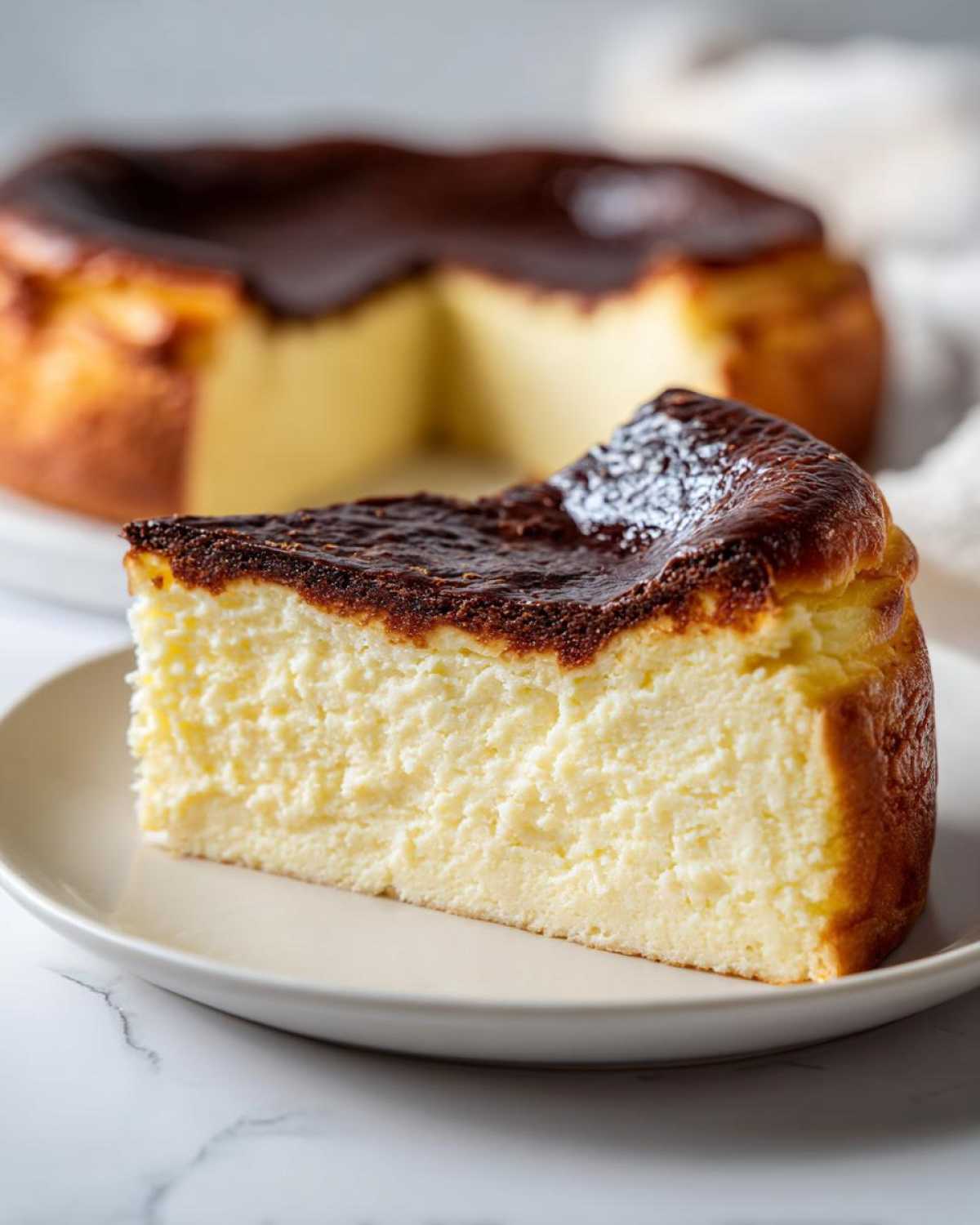 A thick slice of creamy basque burnt cheesecake with a dark caramelized top, served on a plate.