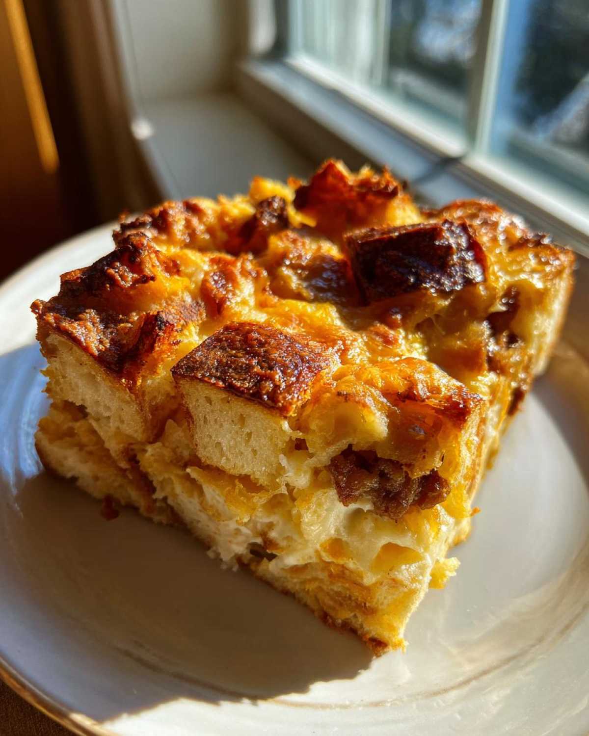 A golden-brown slice of savory Christmas breakfast casserole featuring layers of bread and cheese, served on a white plate.